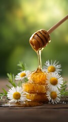 Golden Honeycomb with Dripping Honey and Daisies – Natural Sweetness in Rustic Scene Symbolizing Purity, Wellness, and Organic Beauty