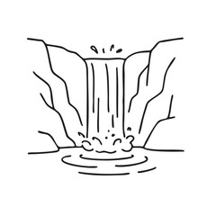 Simple Waterfall Illustration with Rocks and Water in Black and White Outline Style