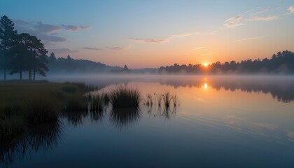 Fototapeta premium Sunrise over calm lake with mist and reflections, peaceful landscape