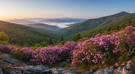 Majestic Springtime View of Mountain Laurel Blossoms Across Rocky Slope with Blue Ridge Peaks and Early Morning Fog, Wide-Angle Composition