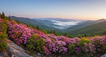 Vibrant Spring Bloom of Mountain Laurel on a Steep Rocky Slope in the Blue Ridge, Soft Mist Filling the Valleys, Wide-Angle Drone View

