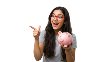 A happy young woman with red glasses holds a pink piggy bank and points to the left, isolated on transparent background