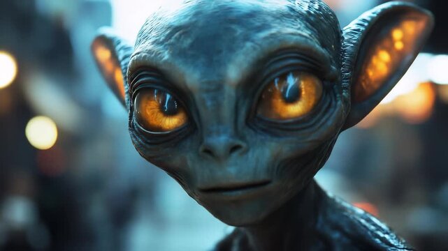 Close up of an alien creature with glowing orange eyes and illuminated ears looking directly at camera. Science fiction concept animation.