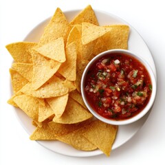 Corn tortilla chips and fresh salsa isolated on white background
