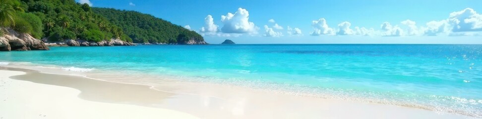 Fototapeta premium Azure waters meet pristine white sand Unblemished beach scene , warmth, nature, landscape