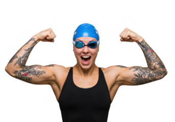 A tattooed female swimmer flexing her biceps with a triumphant expression, isolated on transparent background