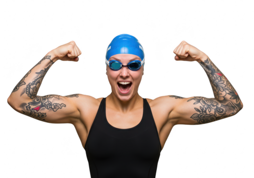 A tattooed female swimmer flexing her biceps with a triumphant expression, isolated on transparent background