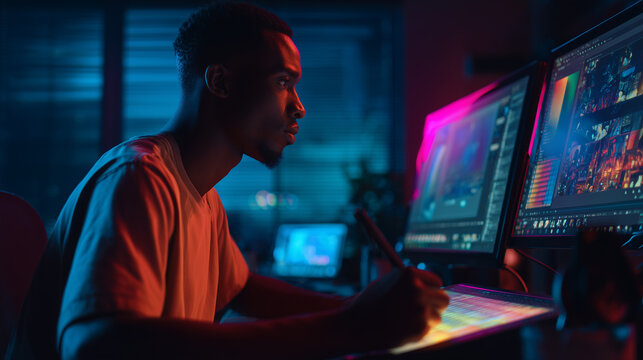 Black male freelance motion graphic artist engrossed in his work, determined expression etched on his face as he crafts digital art