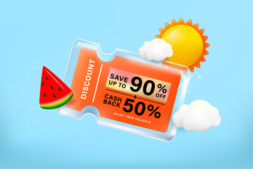 Summer sale shopping with Transparency glass coupon label with 3D watermelon, clouds and ice cream bar icons. Discount offer tag with shiny, glossy, reflective surface.