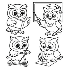 Cute Owl Characters in Various Activities, Educational and Playful Owl Illustrations for Children