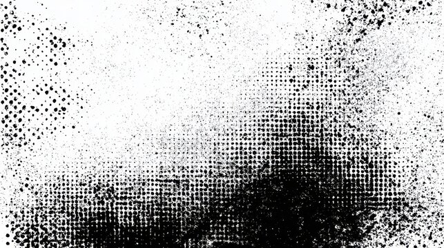 Abstract halftone texture with scattered black spots and lines creating a distressed grunge effect against a clean white backdrop, ideal for graphic design