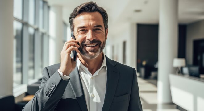 Smiling businessman in a suit talking on his smartphone in a bright, modern office or hotel lobby with large windows. - Powered by Adobe