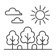 Simple Line Art Illustration of a Sunny Landscape with Trees and Clouds in Black and White