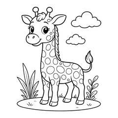 Adorable Cartoon Giraffe Standing on a Grassy Knoll with Clouds Floating Above, Charming Cartoon Giraffe in a Black and White Illustration for Children's Coloring Book