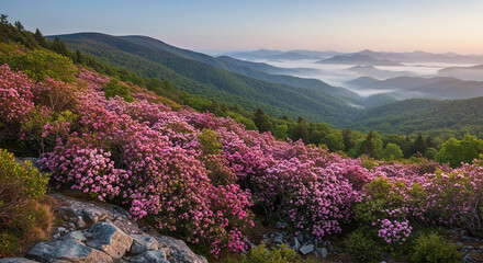 Wide-Angle Drone Capture of a Majestic Blue Ridge Landscape in Spring, Mountain Laurel Blossoms, Rising Mist, and Distant Peaks