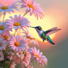 Naklejka premium Hummingbird hovering among pink daisies in soft sunset light. 