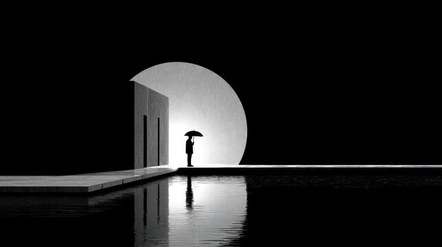 A solitary figure under a dark umbrella in a minimalist architectural space