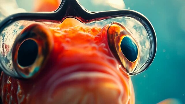 An orange goldfish with scuba diving goggles peers into the deep blue, making for a whimsical moment of underwater exploration.