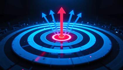 3D concept of red arrow hitting bullseye on digital target with glowing arrows symbolizing growth and achievement on dark background. 3D Rendering