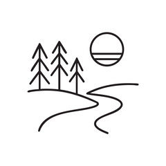 Minimalist Landscape with Trees River and Sun Simple Line Art Illustration for Nature and Outdoors