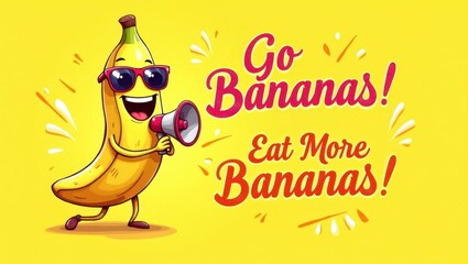 A cartoon banana with sunglasses and a megaphone encourages eating more bananas.