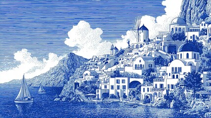 Coastal town scene, stylized in blue and white,  with white buildings nestled on a hillside overlooking a blue sea
