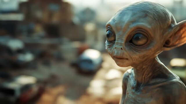Close up of an alien face. Extraterrestrial character on another planet. Science fiction and fantasy concept video footage.