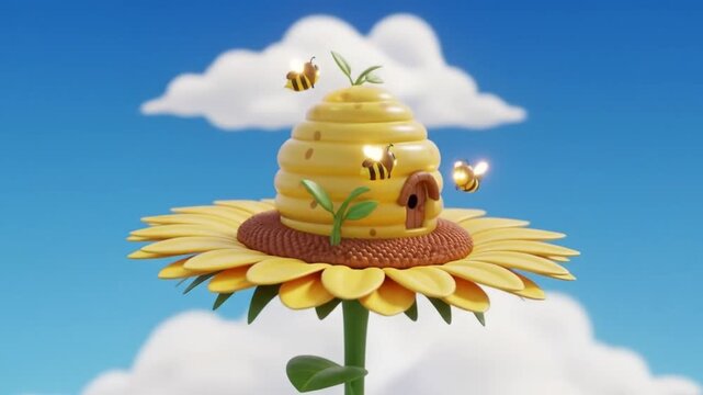 Animated cartoon beehive on a sunflower with bees flying around a sunny day