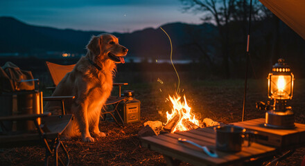 Golden Retriever by Campfire in Twilight