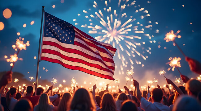 Crowd celebrating with american flag and sparklers during a vibrant fireworks display at dusk