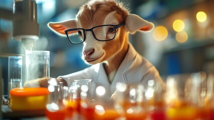 A whimsical portrayal of a goat scientist wearing glasses and lab coat, carefully handling chemicals amidst laboratory glassware. The scene evokes curiosity and humor. - Powered by Adobe