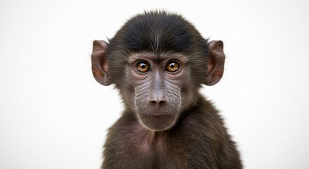Obraz premium 愛らしい赤ちゃんヒヒ 白背景 ソフトな光 好奇心旺盛な瞳. AI Generated