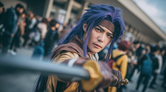 Male anime cosplayer with wig and sword posing at a convention