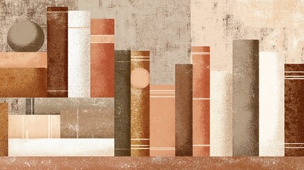 Abstract arrangement of books in muted earth tones