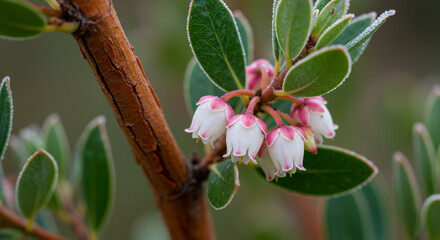Artistic Macro of Peeling Manzanita Bark and Delicate Pink-White Urn-Shaped Flowers with Dew, Set Against Evergreen Backdrop