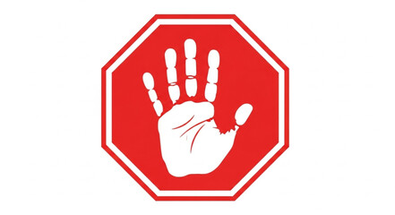 Fototapeta premium A red octagon with a white border and a white handprint in the center on a plain white background