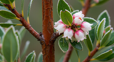 Intricate Close-Up of Reddish-Brown Peeling Manzanita Bark, Contrasted by Clusters of Pink-White Flowers and Evergreen Leaves in Frosty Light

