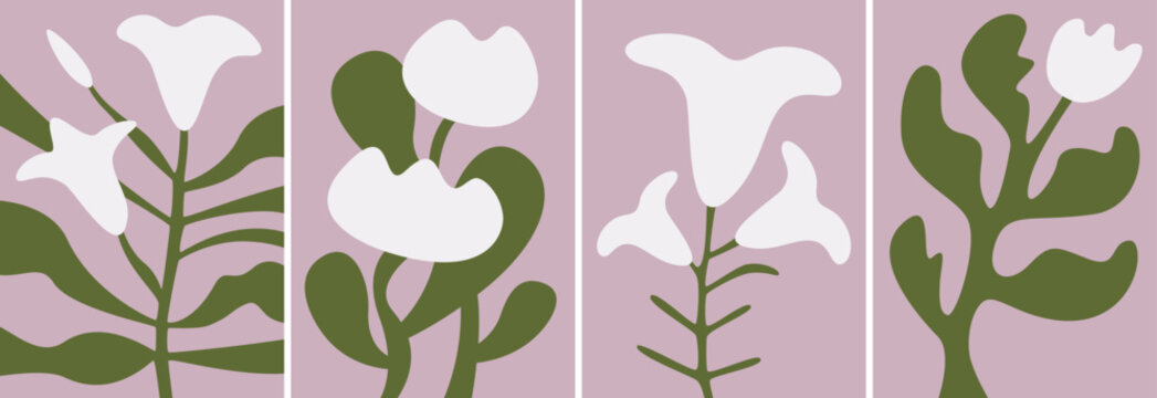 Set of minimalist posters with white flowers. Natural designs in flat style.