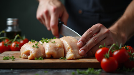 Close-up of male hands cutting chicken breast with knife
