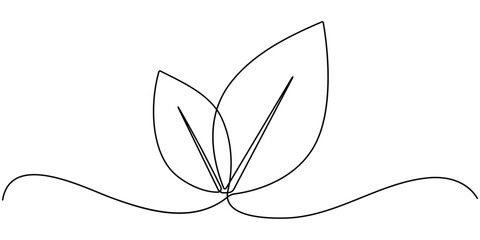 Growing plant, sprout leaves in one continuous line drawing. Creative concept of renewable green energy and environmental friendly sources. Doodle vector illustration. 