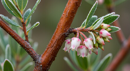 Detailed Macro of Arctostaphylos Manzanita Bark Peeling Smoothly, With Blossoming Urn-Shaped Flowers and Morning Dew, Soft Light Photography