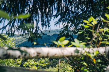 Lush greenery frames a stunning view of distant mountains under a clear blue sky. Sunlight...