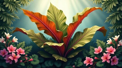 Lush tropical foliage with vibrant flowers.