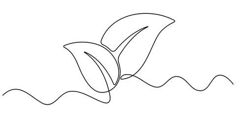 Growing plant, sprout leaves in one continuous line drawing. Creative concept of renewable green energy and environmental friendly sources. Doodle vector illustration. 