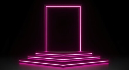 A modern podium with pink neon lights on dark background