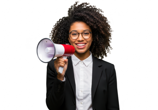 A smiling african woman in a business suit holding a megaphone, announcing something loudly, isolated on transparent background