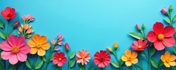 Colorful paper cut floral arrangement, blue background, empty space, paper craft, handmade