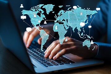 Global digital communication and networking concept with a person typing on a laptop and a world map overlay showing connections and social media icons