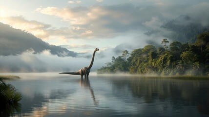 Fototapeta premium A Brachiosaurus roams a misty swamp, its massive form barely visible through dense fog.