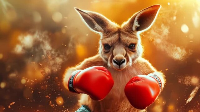 A determined kangaroo stands ready for a boxing match, wearing red gloves and poised to strike. The video conveys strength and the spirit of competition.